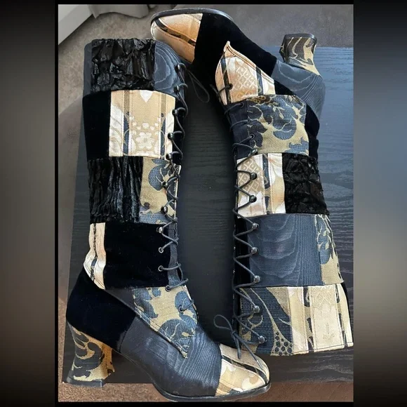 🖤RARE GOTH DREAMS Vintage 80s90s Knee High Velvet Tapestry Patchwork Boots🖤 - Picture 8 of 16